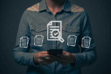 Businessman searching for business documents by mobile phone with internet technology