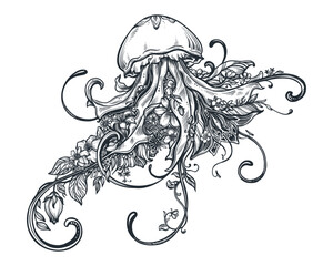 Vector hand drawn black and white illustration of jellyfish and flowers - 603249013