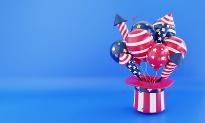 4th of july with firecrackers balloons and hat background