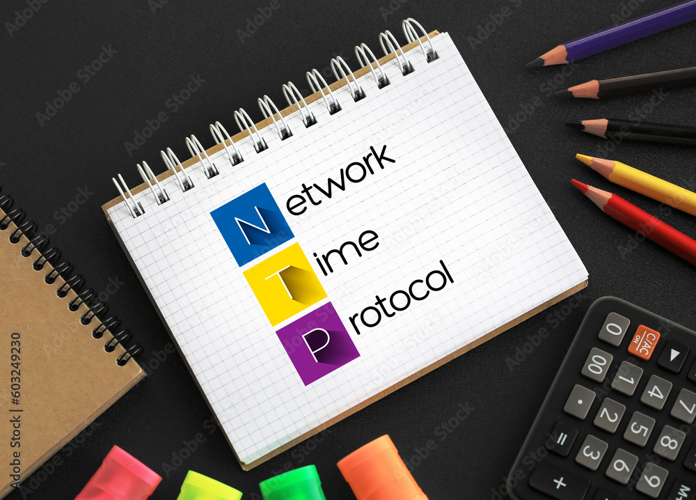 Poster ntp - network time protocol acronym on notepad, technology concept background