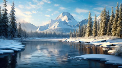 Crystal-clear lake nestled amidst a pristine landscape of towering pine trees. Majestic snow-capped mountains rise majestically against the canvas of a clear blue sky. Generative AI - obrazy, fototapety, plakaty