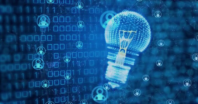 Animation of light bulb, chatbot icons and binary coding data processing