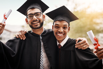 Friends, graduation and portrait of a college students with a diploma and happiness outdoor. Men...