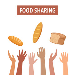 Food sharing to poverty in flat design. Food donation concept. Kindness and generosity to poor people.
