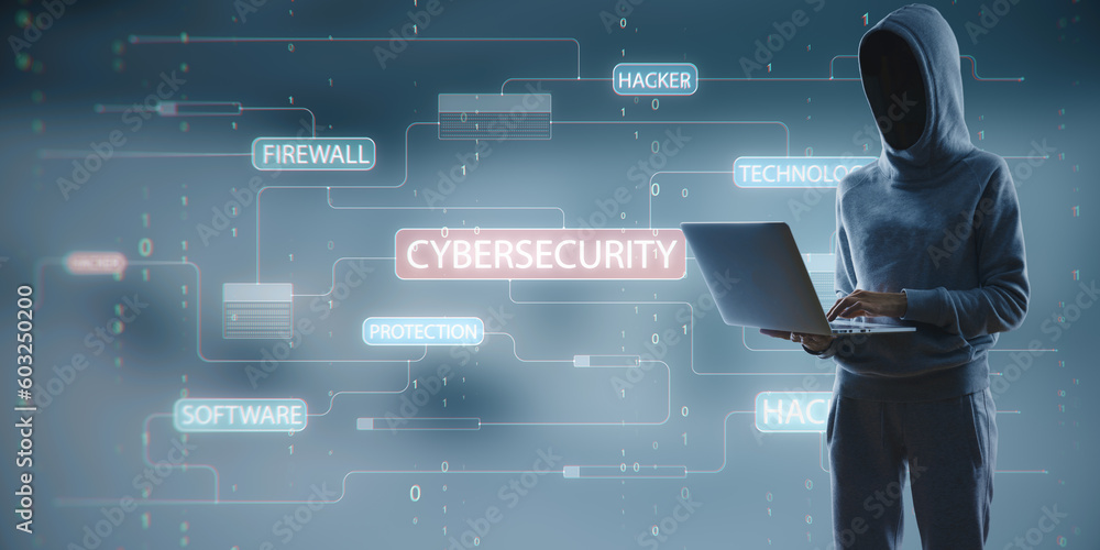 Aufkleber Hacker standing and using laptop computer with glowing hacking hologram with binary code and lines. Cybersecurity, firewall, technology and software protection concept. Double exposure.