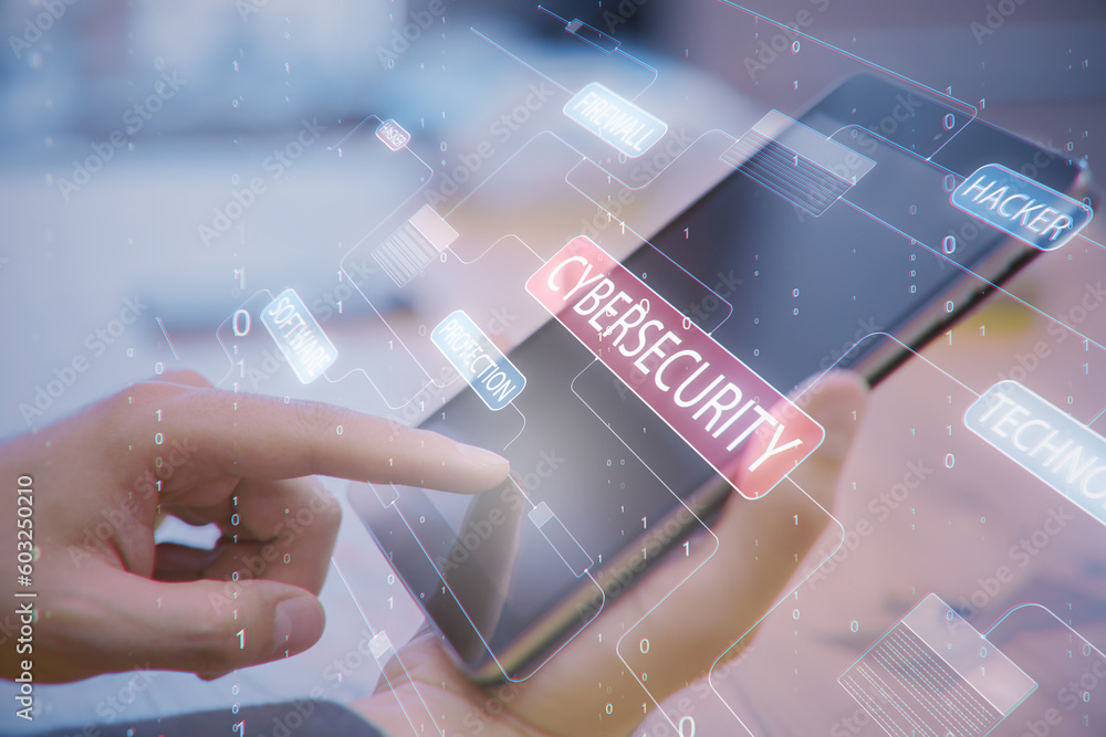 Aufkleber Close up of hand using tablet with glowing hacking hologram and binary code lines on blurry backdrop. Cybersecurity, firewall, technology and software protection concept. Double exposure.