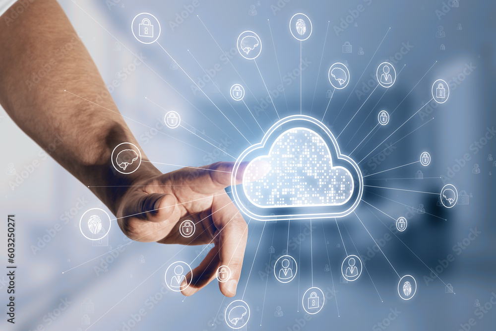 Poster close up of male hand pointing at digital white cloud hologram with various icons on blurry office i