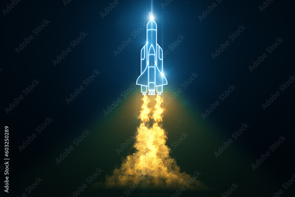 Poster illustration of a starting rocket with a flame in a neon style on a dark background. the beginning o