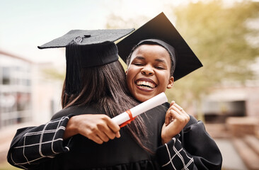 Friends, hug and graduation at college for students with a diploma and support outdoor. Graduate...