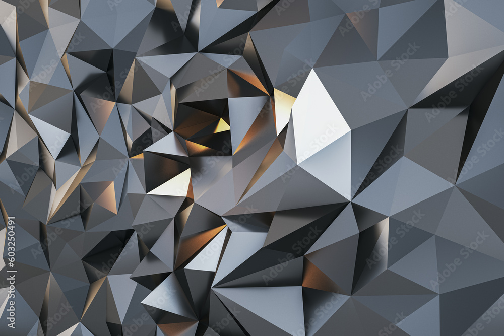 Aufkleber perspective view on abstract silver triangles wall in form of crystal background. 3d rendering