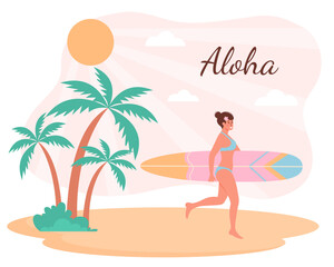 Woman in swimsuit with surfboard walking on the beach.Tropical palms are near her. Aloha text. Summertime, active sport, surfing, vacation concept. Flat cartoon vector illustration.