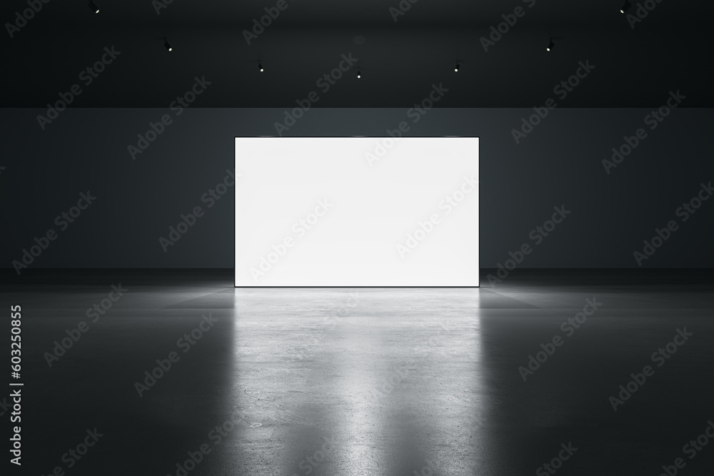 Poster front view of blank white glowing digital screen in dark hall interior with concrete floor and black