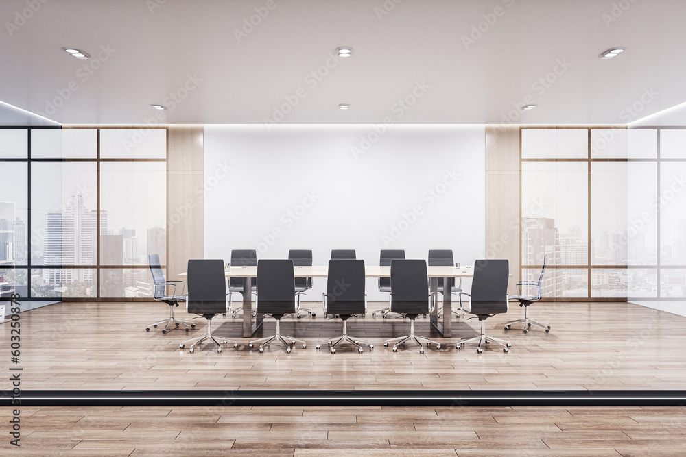 Poster Front view on meeting table with black chairs on wooden floor and light wall background among windows with city view in modern conference room behind glass partition. 3D rendering