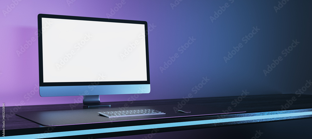 Poster Abstract purple workplace with empty white mock up computer monitor. Office concept. 3D Rendering.