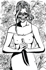 Skull lady portrait with knife in her hands vector art tattoo design black and white