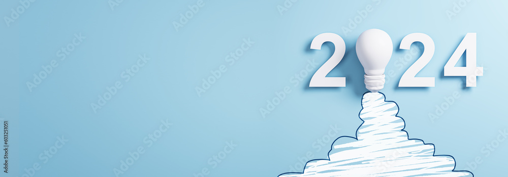 Poster Abstract 2024 year sketch with white light bulb on wide blue background with mock up place. Hand drawing and new year concept. 3D Rendering.