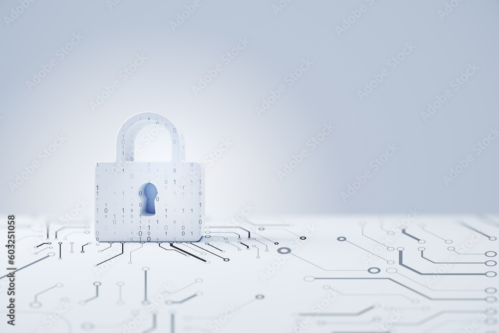 Leinwandbilder Future technology, security and cyber protection concept with front view on padlock binary code printed on circuit surface and white background with place for advertising poster. 3D rendering, mockup