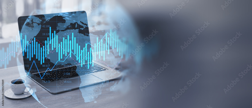 Aufkleber close up of laptop on desk with coffee cup glowing upward business chart and globe hologram on blurr