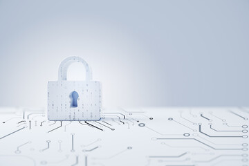 Future technology, security and cyber protection concept with front view on padlock binary code printed on circuit surface and white background with place for advertising poster. 3D rendering, mockup