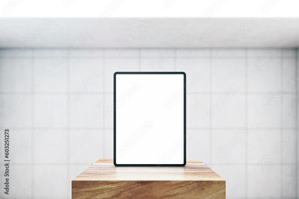 Aufkleber front view on blank white modern digital tablet screen with space for web design, website or applica