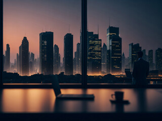 Businessman working in office with cityscape in the background at sunrise. AI generated.