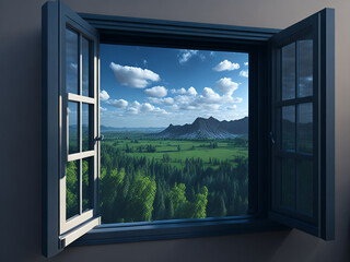 View from the window to the mountain landscape. AI generated.