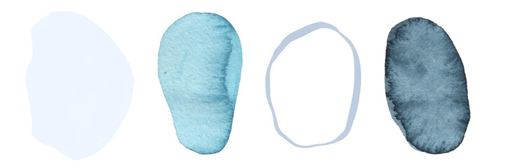 Collection of abstract watercolor and graphic blue navy design elements. Smooth shapes, spots. Hand drawn.