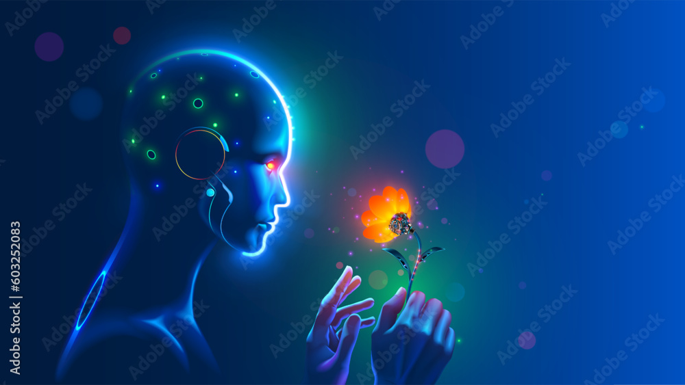 Aufkleber AI face profile. Artificial intelligence in humanoid head take in hand artifical robotic flower. Sci-fi future concept. Computer neural network learns world. AI with Digital Brain analysis. Industry 4