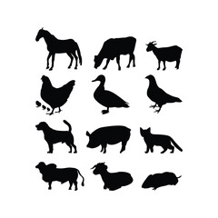 set of silhouettes of domestic firm animals