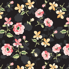 Colorful daisies and bud roses pattern design with their  silhouetted shapes design