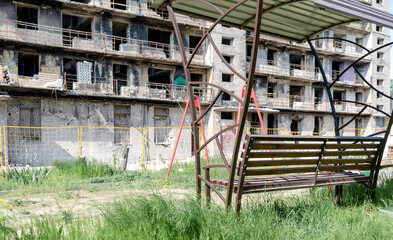 destroyed and burned houses in the city Russia Ukraine war