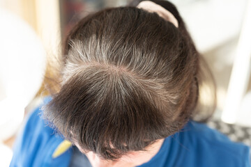 Head of an elderly woman with gray hair that grew after dyeing