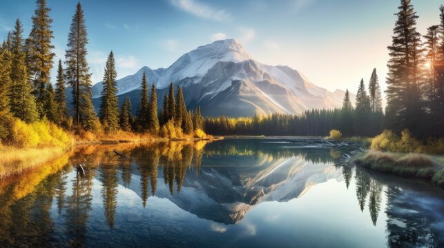 Crystal-clear lake nestled amidst a pristine landscape of towering pine trees. Majestic snow-capped mountains rise majestically against the canvas of a clear blue sky. Generative AI