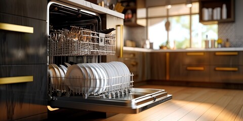 Open dishwasher with clean dishes in kitchen. Generative AI
