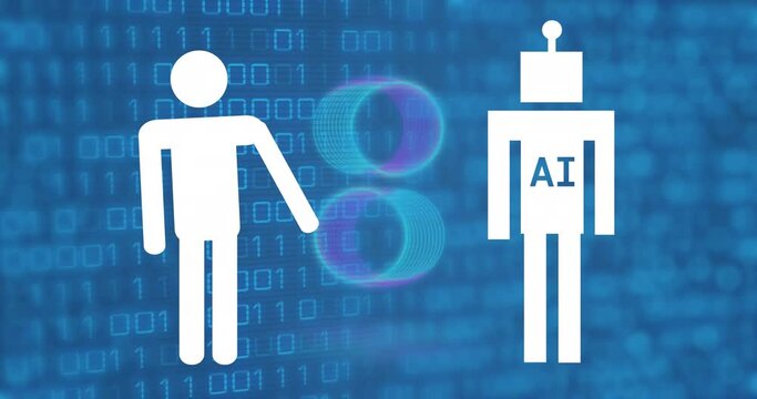 Animation of ai data processing over binary coding with ai icons