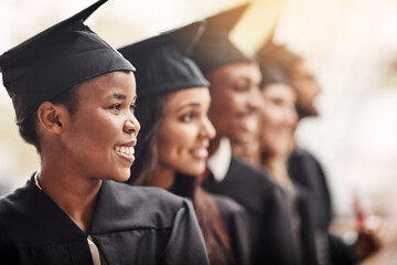 Black woman, graduation and happy college student with a graduate group outdoor. Profile of men and women excited to celebrate university achievement, education success and future at school event - obrazy, fototapety, plakaty