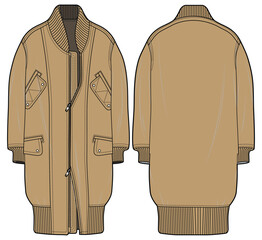 Winter Long Coat Jacket  Front and Back View. Fashion Illustration, Vector, CAD, Technical Drawing, Flat Drawing, Template, Mockup. © Jasmin