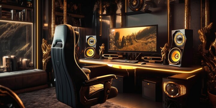 Stylish, modern gaming room, big monitor, gaming chair, ultimate gaming pc, black theme, gold accents. Clean stylish office for work. Generative AI