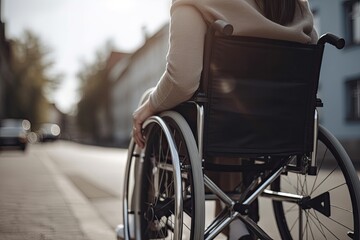 Obraz premium A woman with a disability rides around the city in a wheelchair. Generative AI