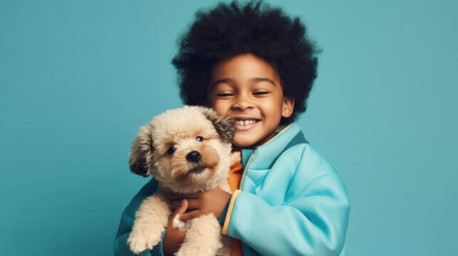 An afro boy smiles as he embraces his dog in this warm studio photo. Generative AI