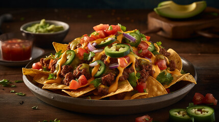 nachos mexican chili carne in a bowl - obrazy, fototapety, plakaty