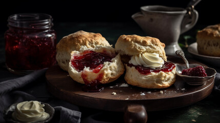 scones with jam and cream - obrazy, fototapety, plakaty
