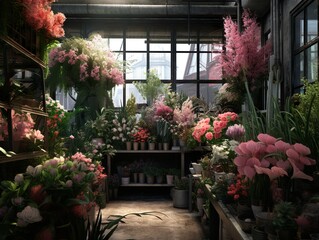 Fototapeta na wymiar Floral shop interior. Floral design studio, decorations and arrangements. Generative Ai technology.
