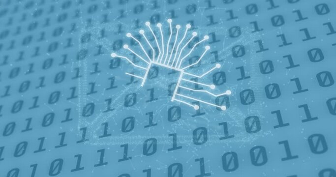 Animation of ai data processing over binary coding with ai icons
