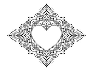 Circular pattern in form of mandala with frame in shape of heart. Decorative ornament in ethnic oriental mehndi style. Outline doodle hand draw vector illustration. Antistress coloring book page.