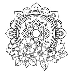 Circular pattern in form of mandala with flower for Henna, Mehndi, tattoo, decoration. Decorative ornament in ethnic oriental style. Outline doodle hand draw vector illustration.