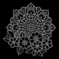 Circular pattern in form of mandala with flower for Henna, Mehndi, tattoo, decoration. Decorative ornament in ethnic oriental style. Outline doodle hand draw vector illustration.