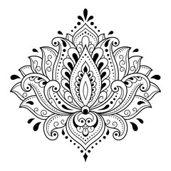 Lotus mehndi flower pattern for Henna drawing and tattoo. Decoration in oriental, Indian style. Doodle ornament. Outline hand draw vector illustration.