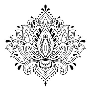 Lotus mehndi flower pattern for Henna drawing and tattoo. Decoration in oriental, Indian style. Doodle ornament. Outline hand draw vector illustration.