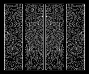 Printable bookmark for book - coloring. Set of black and white labels with flower patterns, hand draw in mehndi style. Sketch of ornaments for creativity of children and adults with colored pencils. © Katikam